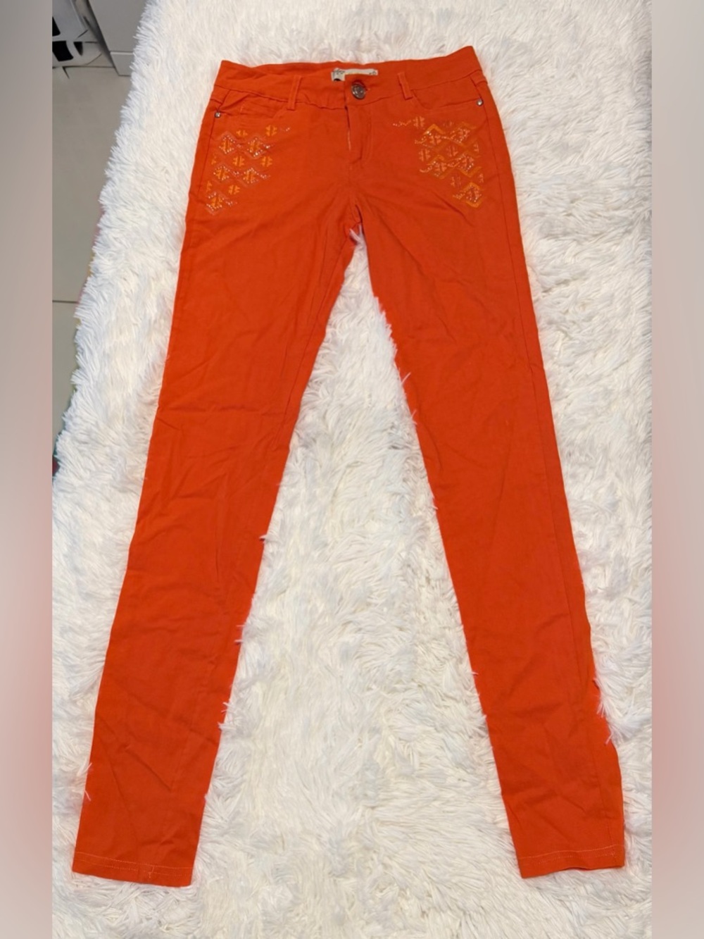 Orange Slim Fit Embroidered Jeans